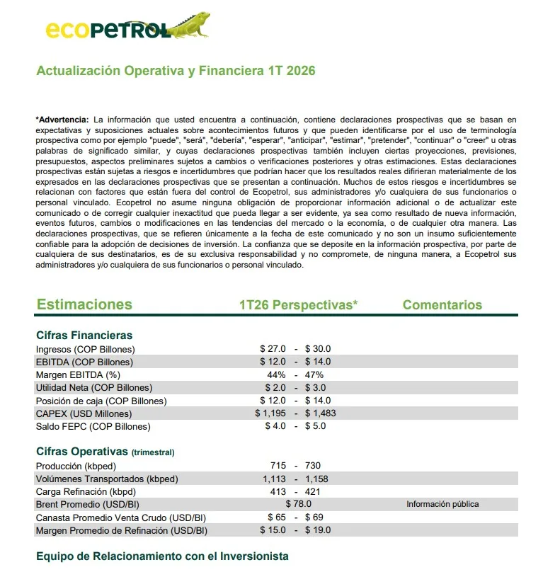 actualización operativa y financiera 1T 2026 Ecopetrol