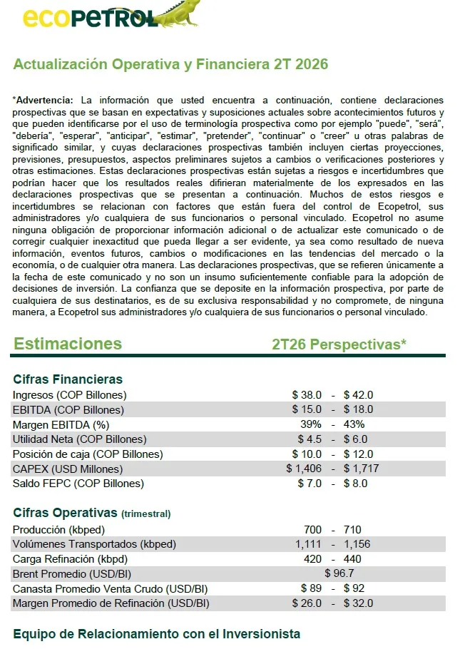 Actualización Operativa y Financiera 2T 2026 Ecopetrol